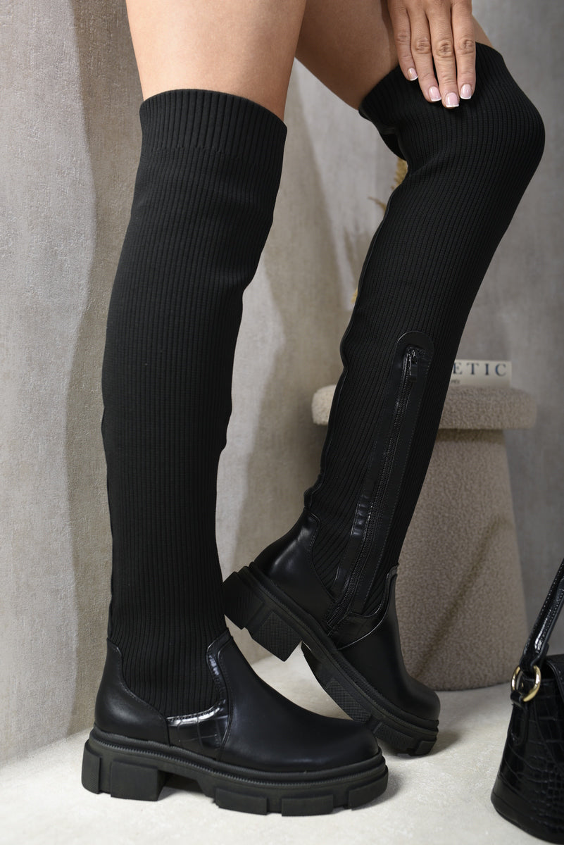 Knitted Platform Over The Knee Chunky Boots - Black River UK