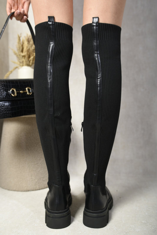 Knitted Platform Over The Knee Chunky Boots - Black River UK