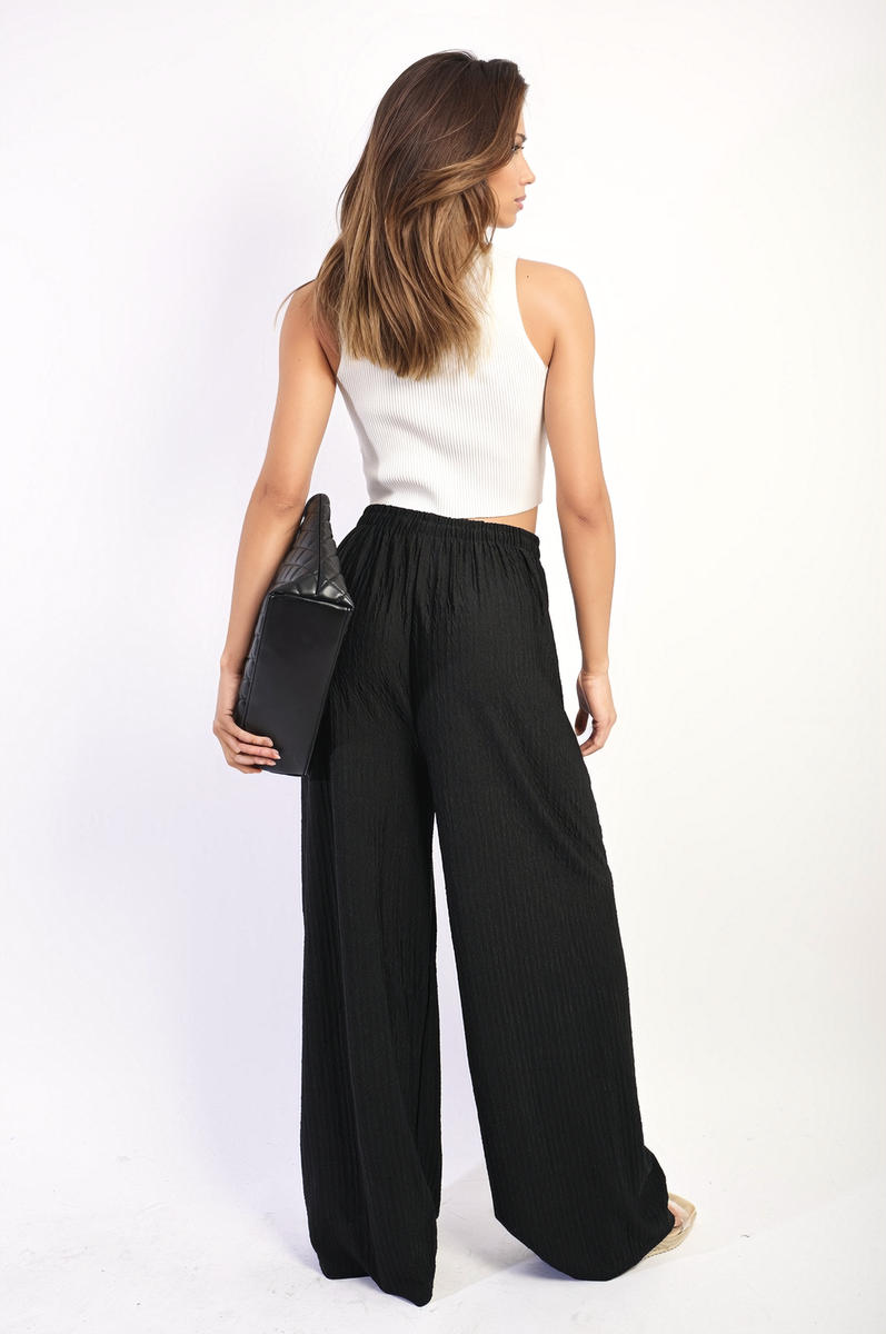 Textured Wide Leg Drawstring Trousers - Black River UK