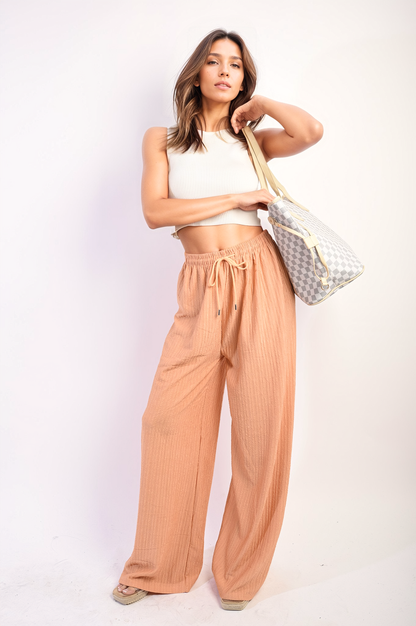 Textured Wide Leg Drawstring Trousers - Black River UK
