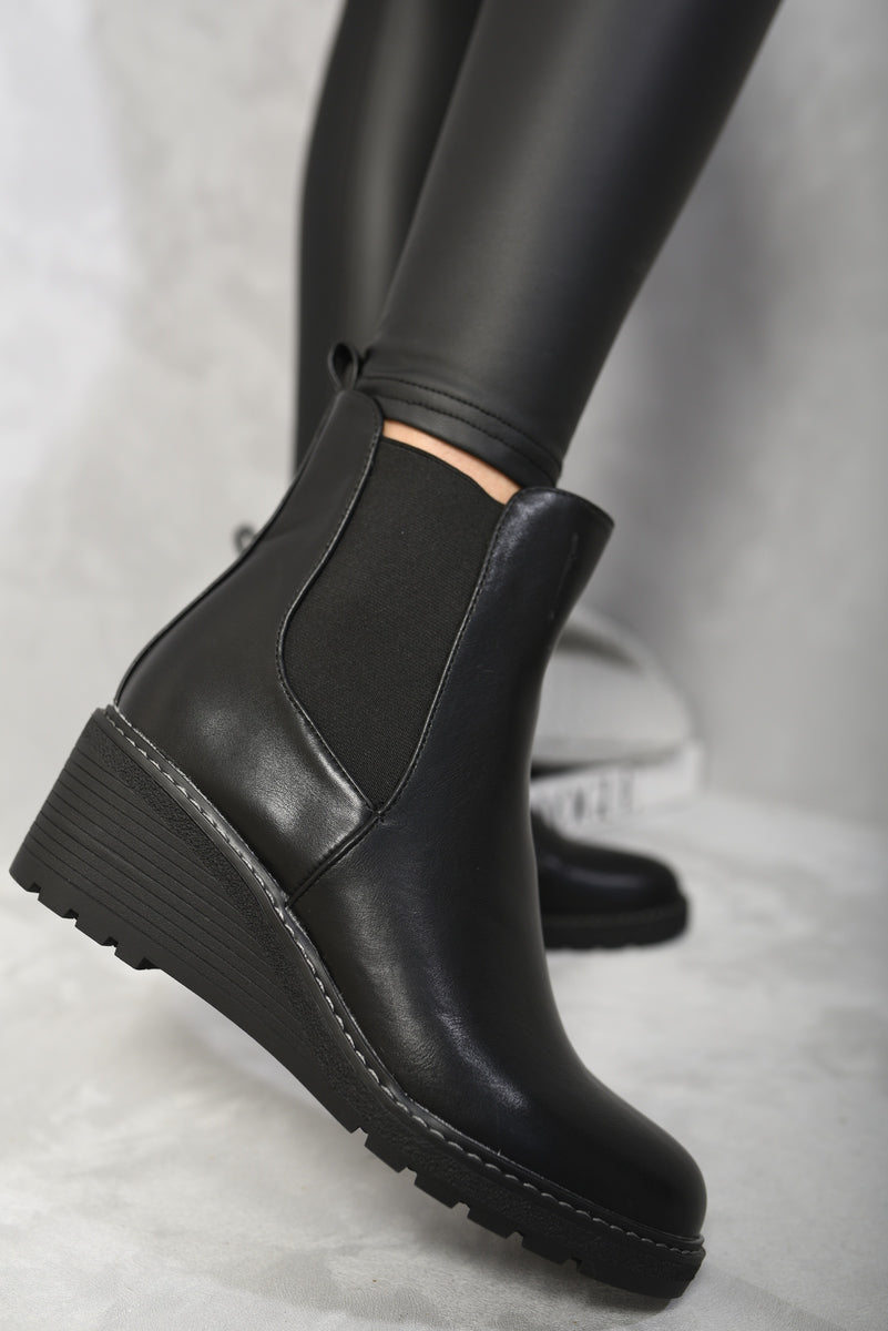 Low Wedge Ankle Boots - Black River UK
