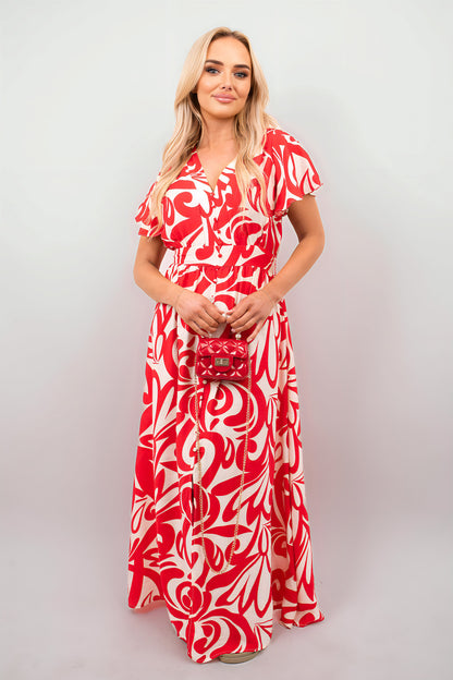 Printed Short Sleeve Button Down V-Neck Maxi Dress - Black River UK