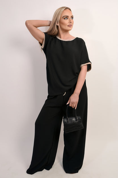 Shiny Trim Short-Sleeved Top - Black River UK