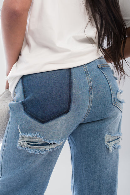 Back Statement Distressed Straight Leg Jeans