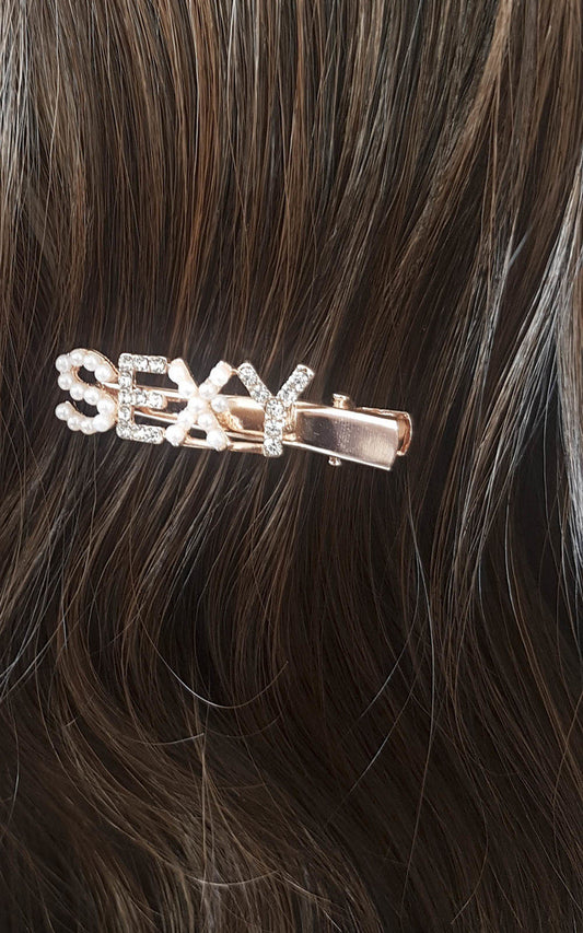 Sexy Slogan Diamante and Pearl Hair Clip - Black River UK