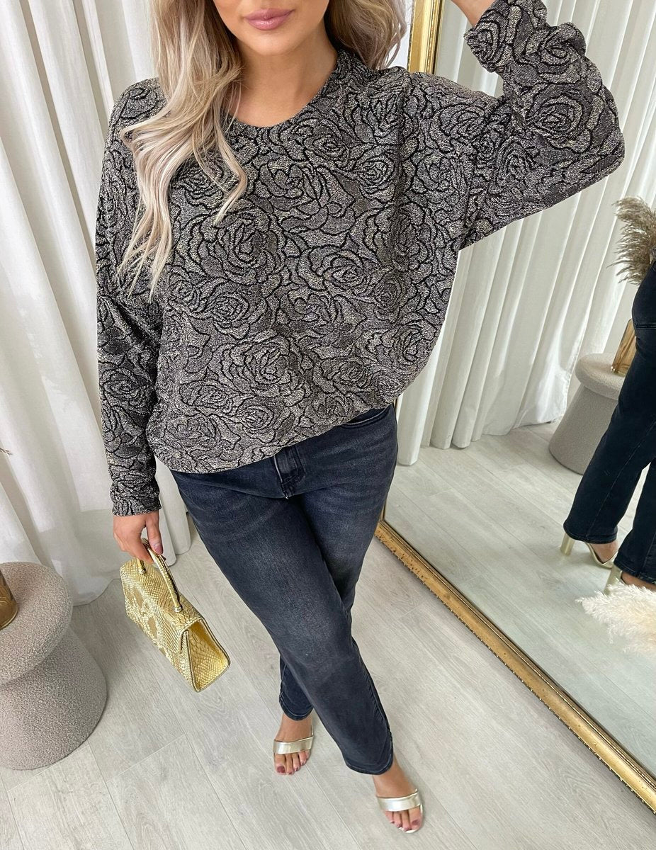 Long Sleeve Glitter Floral Pattern Top - Black River UK