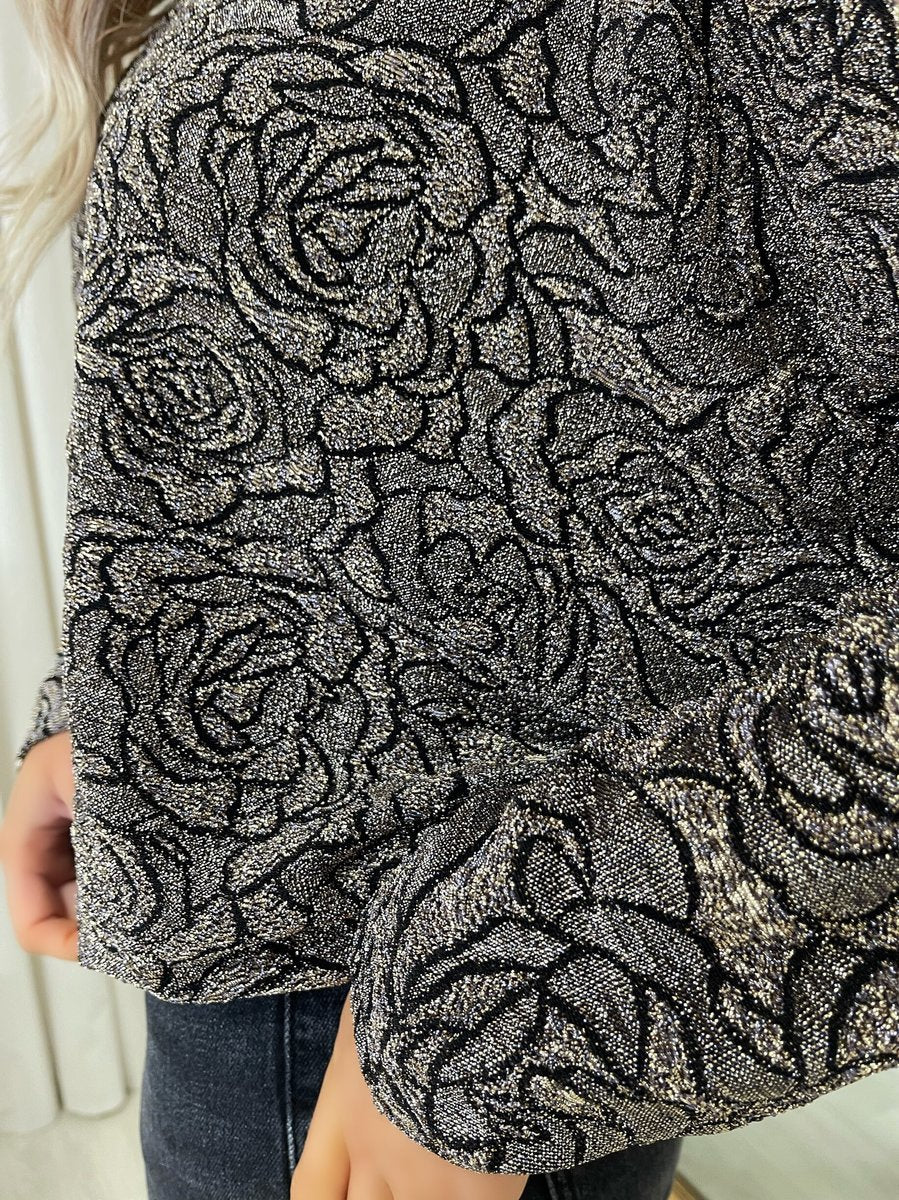 Long Sleeve Glitter Floral Pattern Top - Black River UK