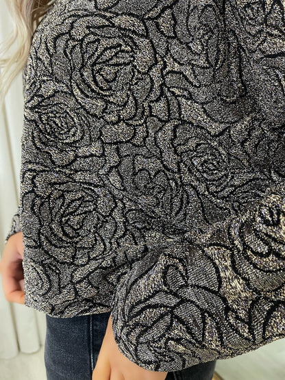 Long Sleeve Glitter Floral Pattern Top - Black River UK