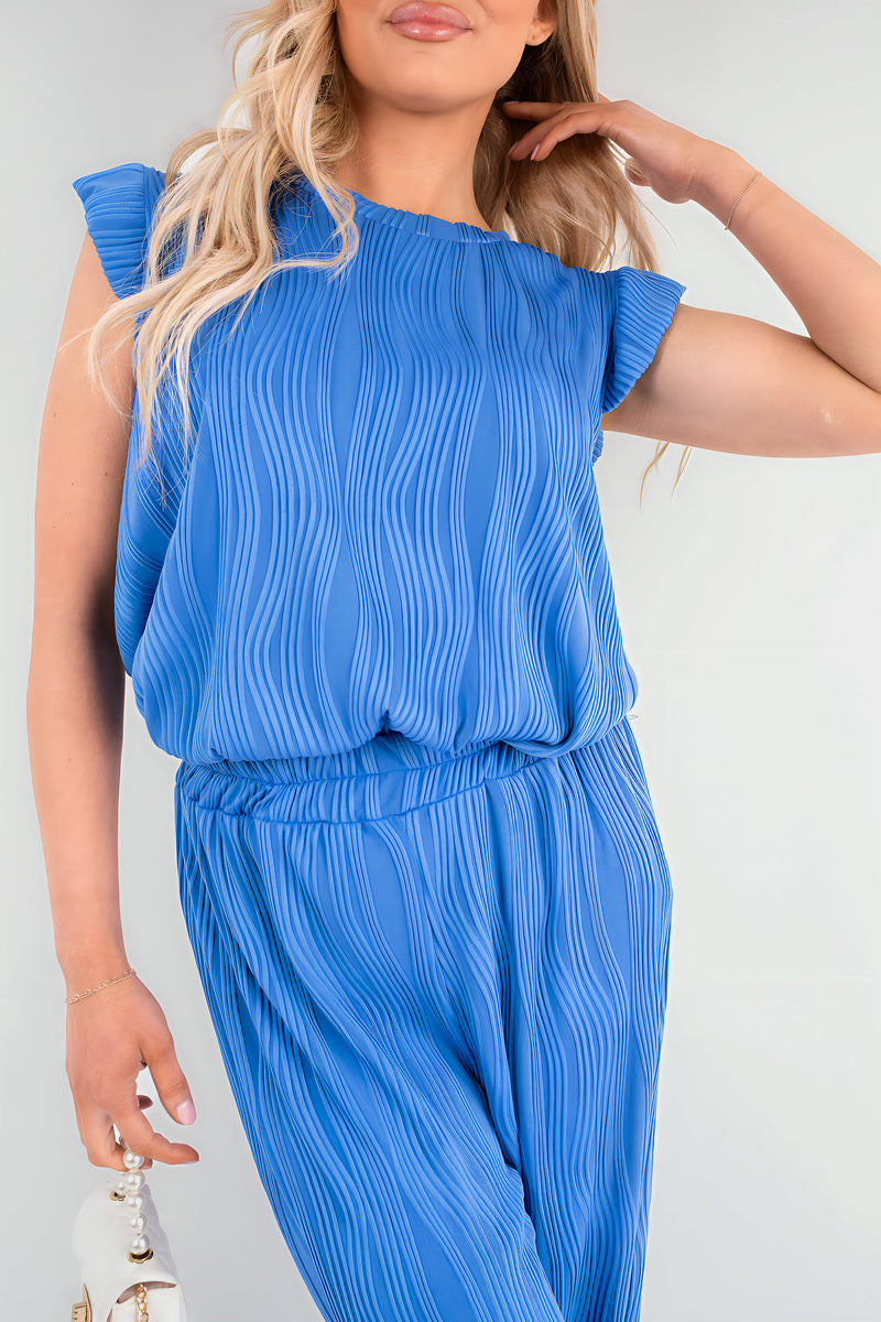 Textured Frill Sleeve Top & Wide Leg Trouser Co-ord Set - Black River UK