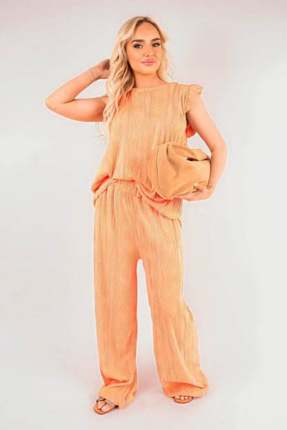 Textured Frill Sleeve Top & Wide Leg Trouser Co-ord Set - Black River UK