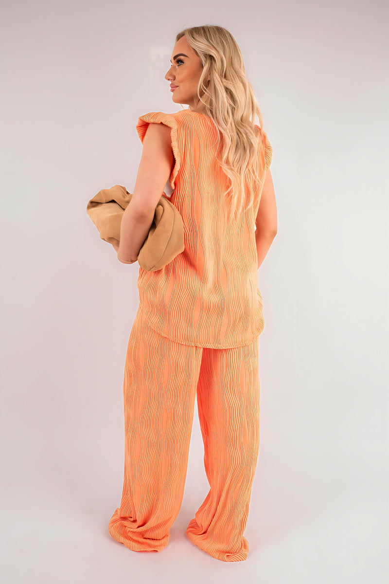 Textured Frill Sleeve Top & Wide Leg Trouser Co-ord Set - Black River UK