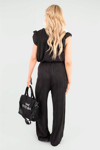 Textured Frill Sleeve Top & Wide Leg Trouser Co-ord Set - Black River UK