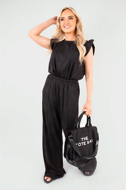 Textured Frill Sleeve Top & Wide Leg Trouser Co-ord Set - Black River UK