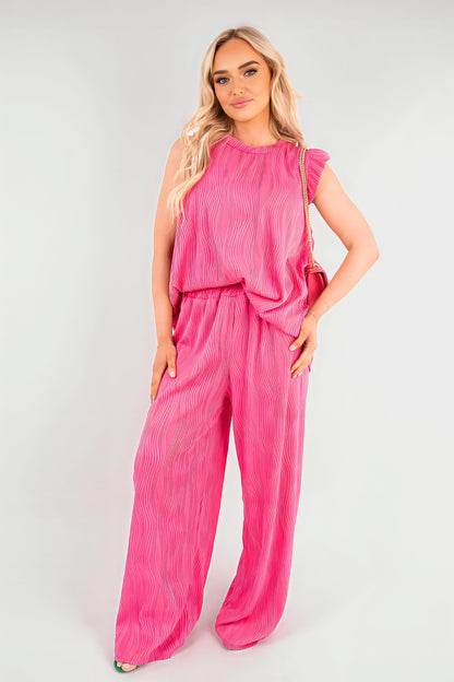 Textured Frill Sleeve Top & Wide Leg Trouser Co-ord Set - Black River UK