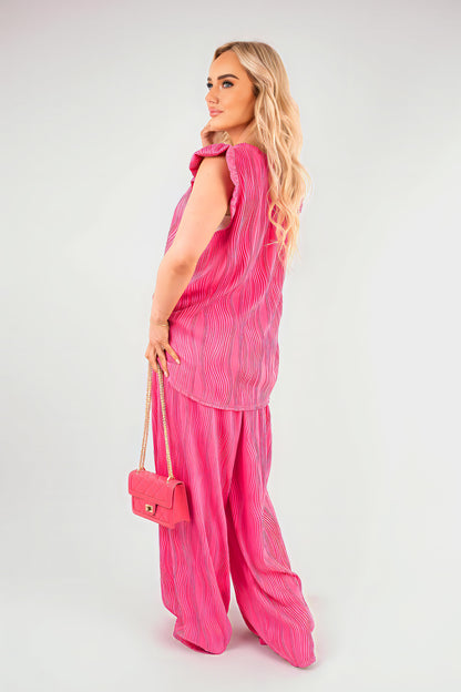 Textured Frill Sleeve Top & Wide Leg Trouser Co-ord Set - Black River UK