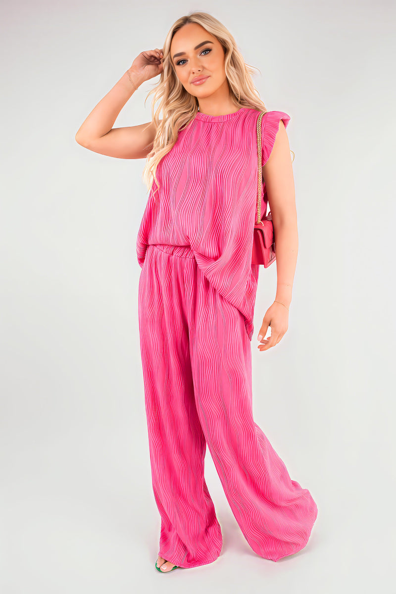 Textured Frill Sleeve Top & Wide Leg Trouser Co-ord Set - Black River UK