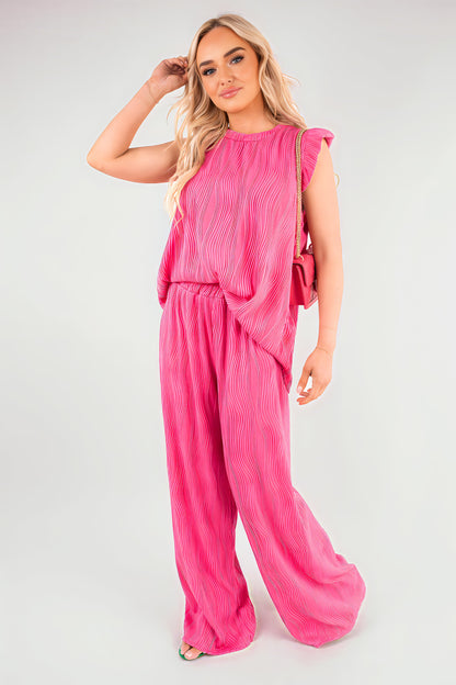 Textured Frill Sleeve Top & Wide Leg Trouser Co-ord Set - Black River UK