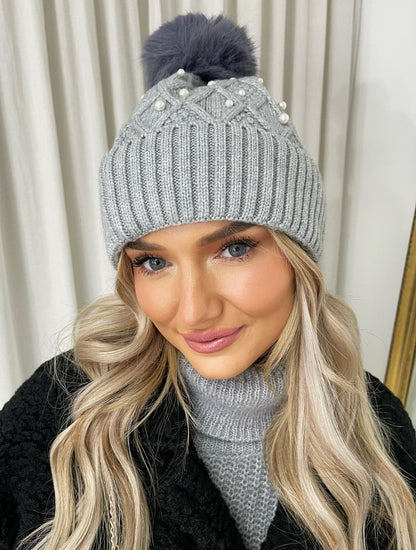 Pom Pom Knitted Winter Hat With Pearl Decor - Black River UK