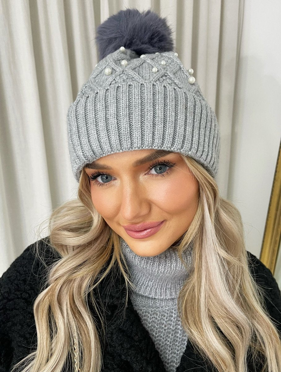 Pom Pom Knitted Winter Hat With Pearl Decor - Black River UK
