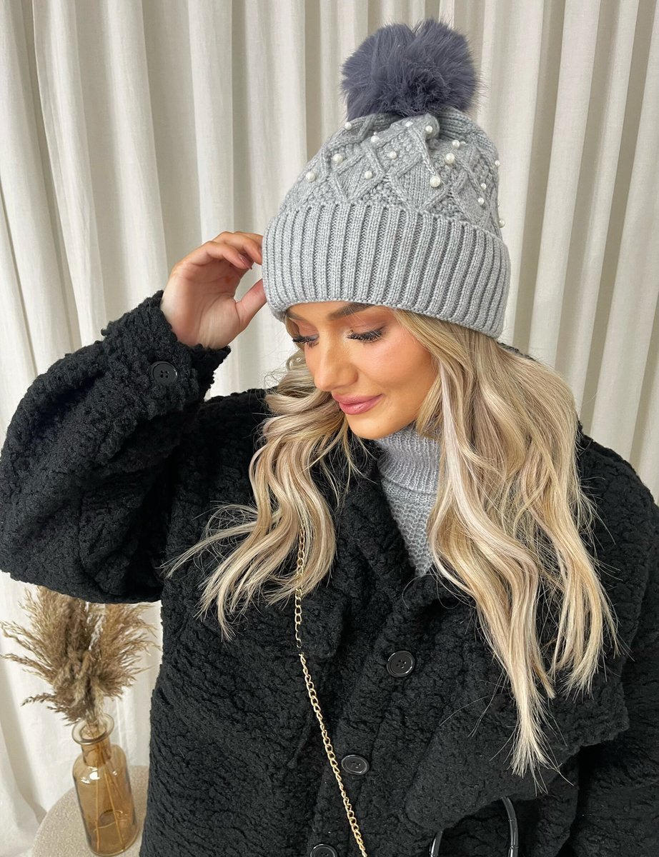 Pom Pom Knitted Winter Hat With Pearl Decor - Black River UK