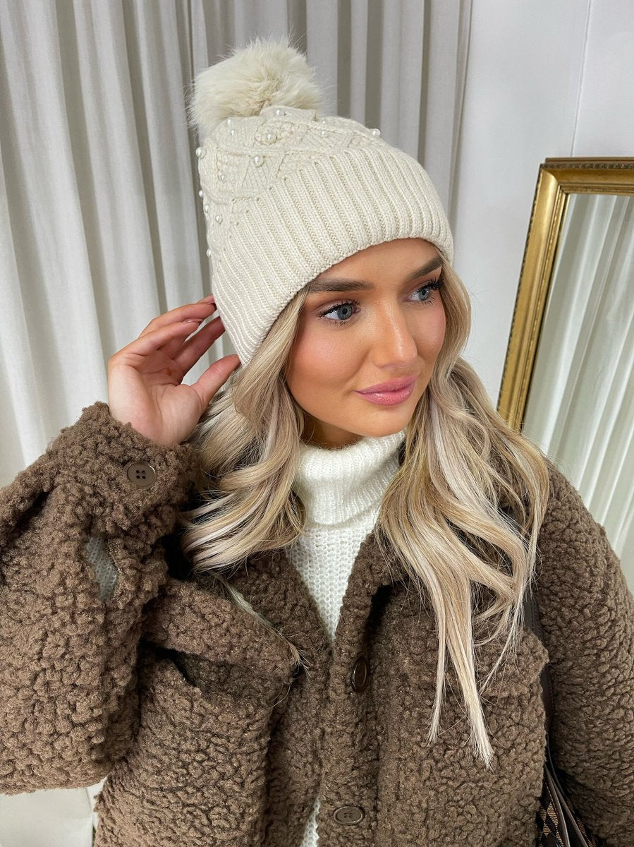 Pom Pom Knitted Winter Hat With Pearl Decor - Black River UK