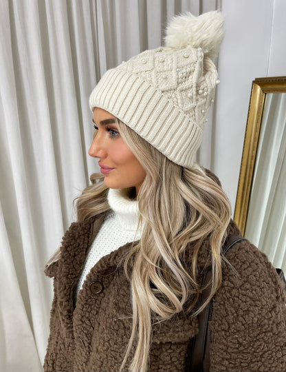 Pom Pom Knitted Winter Hat With Pearl Decor - Black River UK