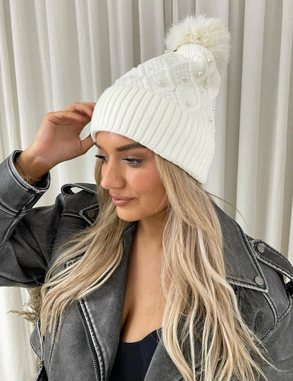 Pom Pom Knitted Winter Hat With Pearl Decor - Black River UK