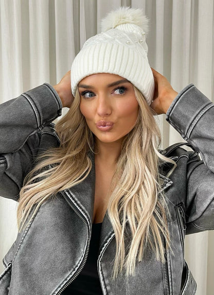 Pom Pom Knitted Winter Hat With Pearl Decor - Black River UK