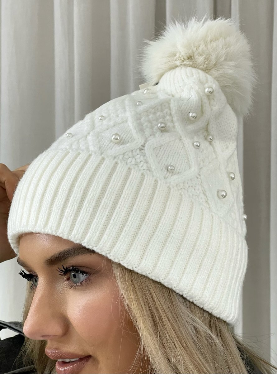 Pom Pom Knitted Winter Hat With Pearl Decor - Black River UK