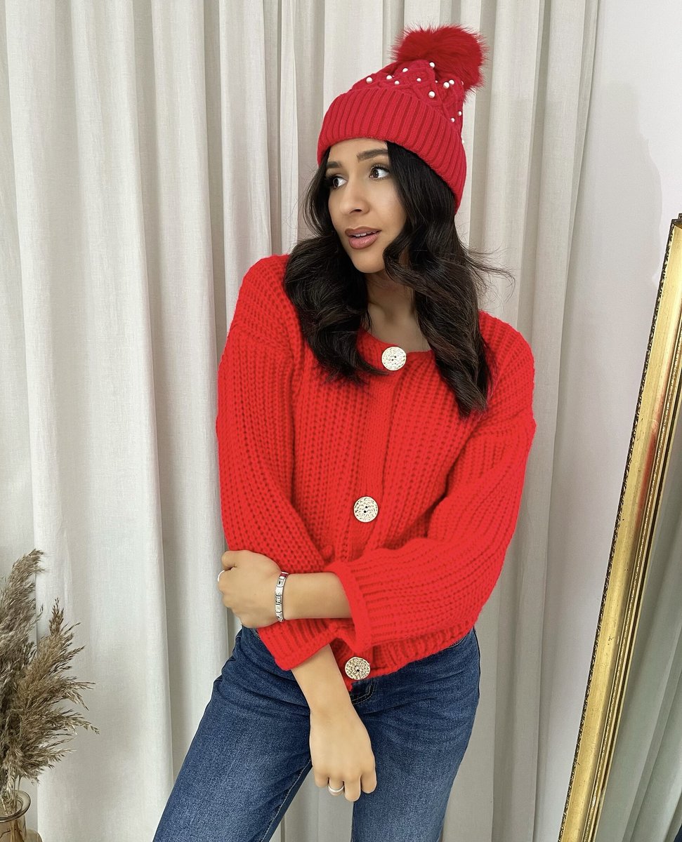 Pom Pom Knitted Winter Hat With Pearl Decor - Black River UK