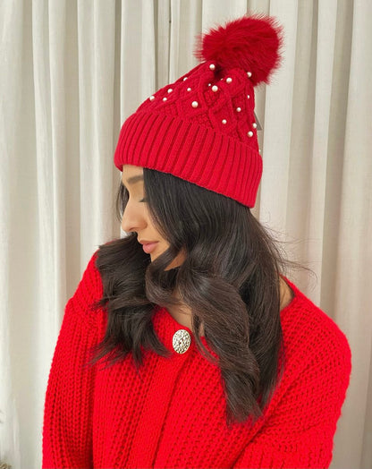 Pom Pom Knitted Winter Hat With Pearl Decor - Black River UK