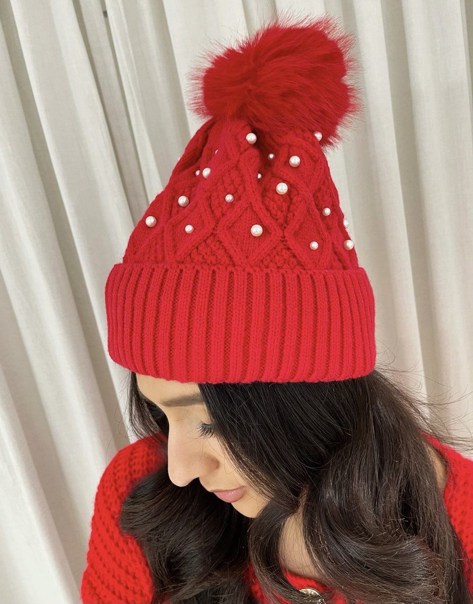 Pom Pom Knitted Winter Hat With Pearl Decor - Black River UK