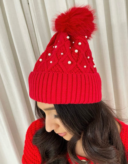 Pom Pom Knitted Winter Hat With Pearl Decor - Black River UK
