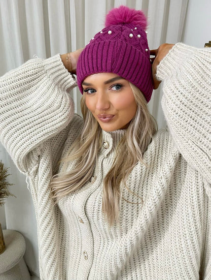Pom Pom Knitted Winter Hat With Pearl Decor - Black River UK