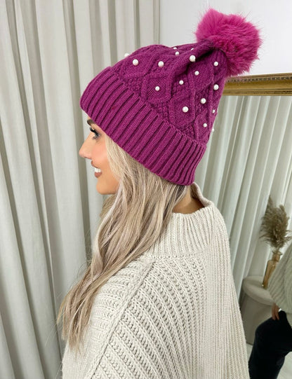 Pom Pom Knitted Winter Hat With Pearl Decor - Black River UK