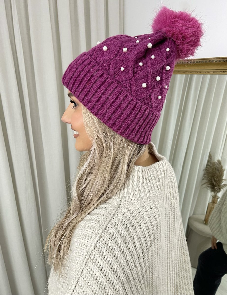 Pom Pom Knitted Winter Hat With Pearl Decor - Black River UK