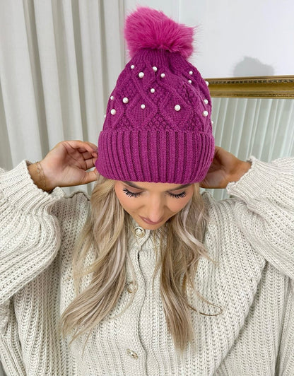Pom Pom Knitted Winter Hat With Pearl Decor - Black River UK