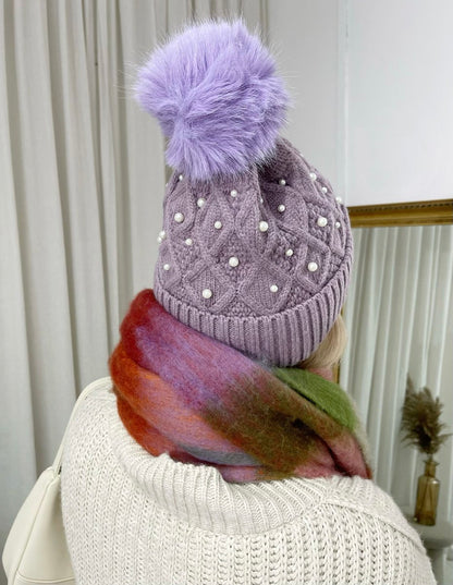 Pom Pom Knitted Winter Hat With Pearl Decor - Black River UK