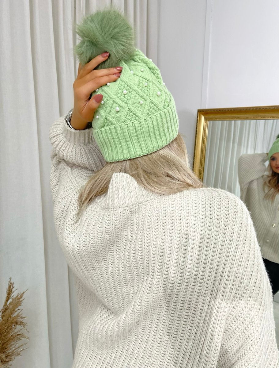 Pom Pom Knitted Winter Hat With Pearl Decor - Black River UK