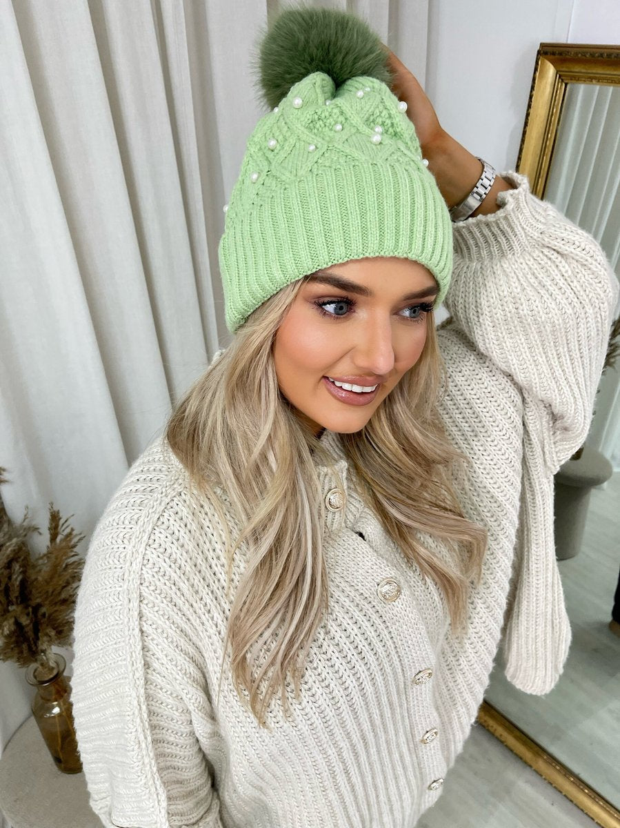 Pom Pom Knitted Winter Hat With Pearl Decor - Black River UK