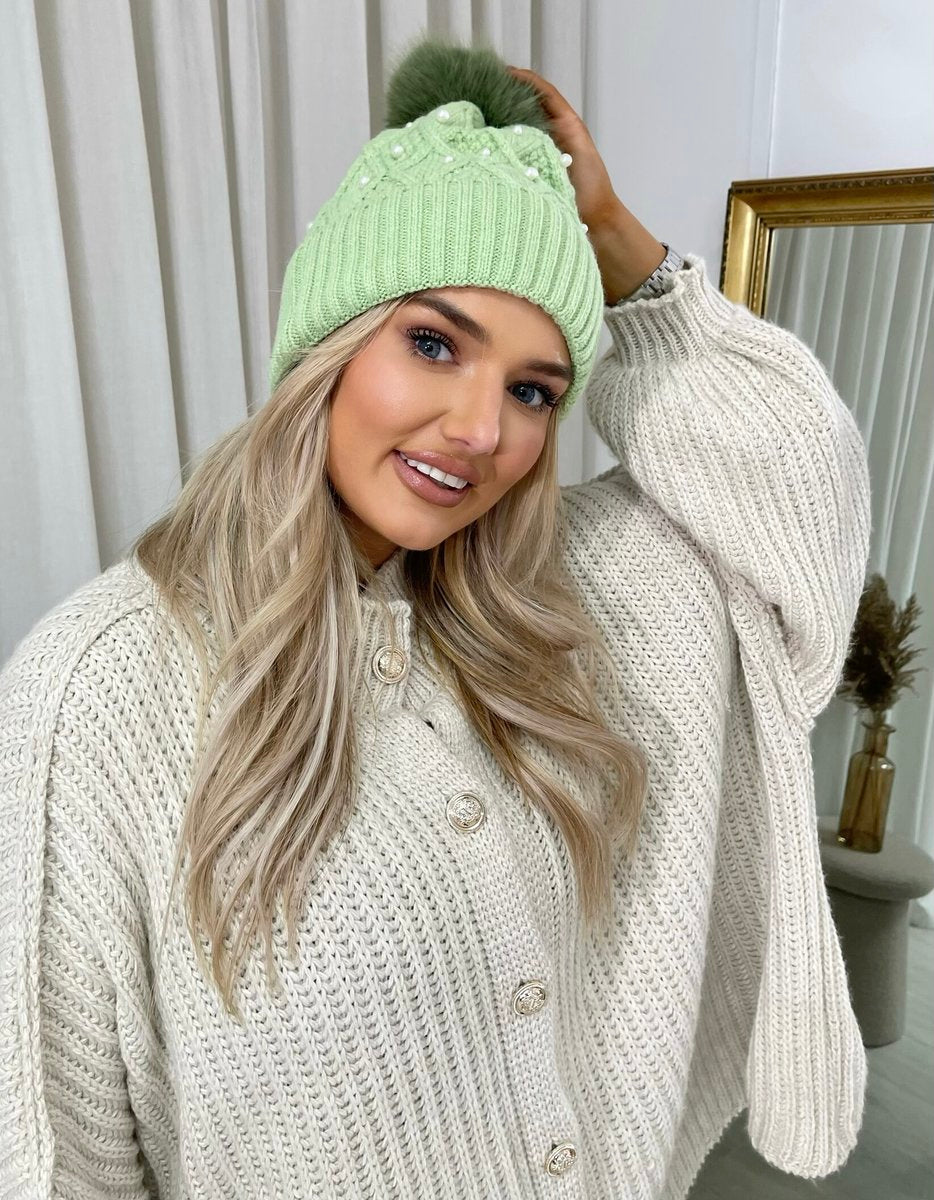 Pom Pom Knitted Winter Hat With Pearl Decor - Black River UK