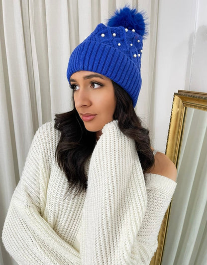 Pom Pom Knitted Winter Hat With Pearl Decor - Black River UK
