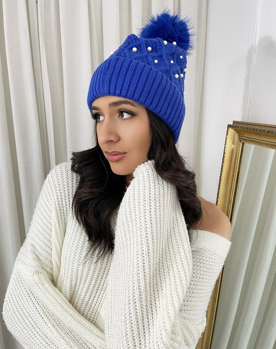 Pom Pom Knitted Winter Hat With Pearl Decor - Black River UK