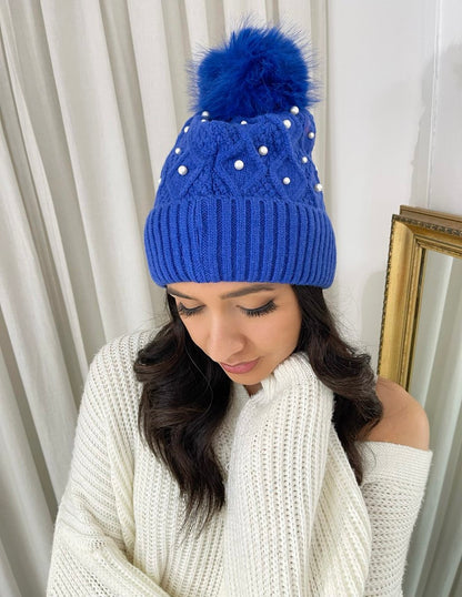 Pom Pom Knitted Winter Hat With Pearl Decor - Black River UK
