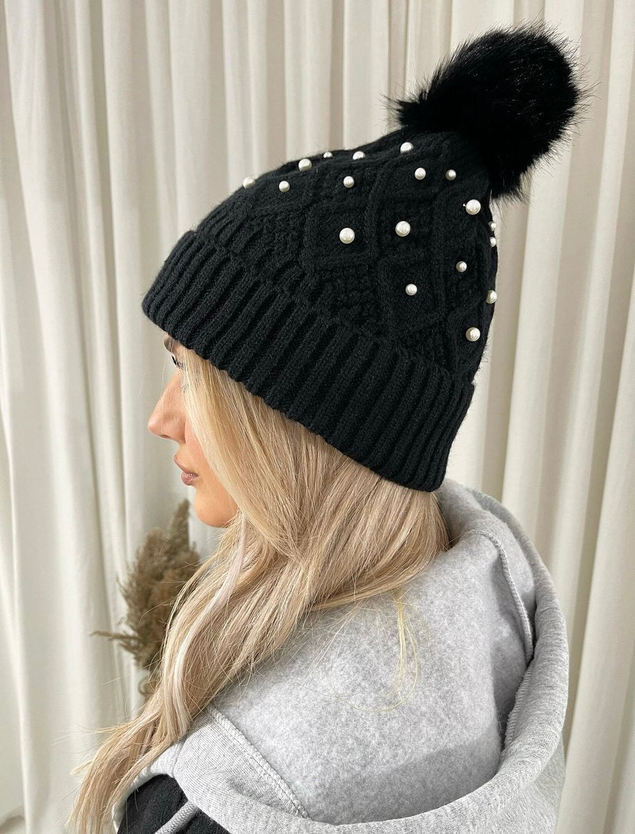 Pom Pom Knitted Winter Hat With Pearl Decor - Black River UK