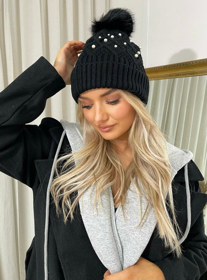 Pom Pom Knitted Winter Hat With Pearl Decor - Black River UK