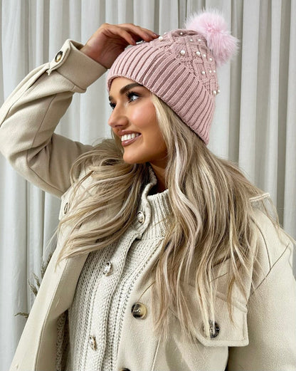Pom Pom Knitted Winter Hat With Pearl Decor - Black River UK