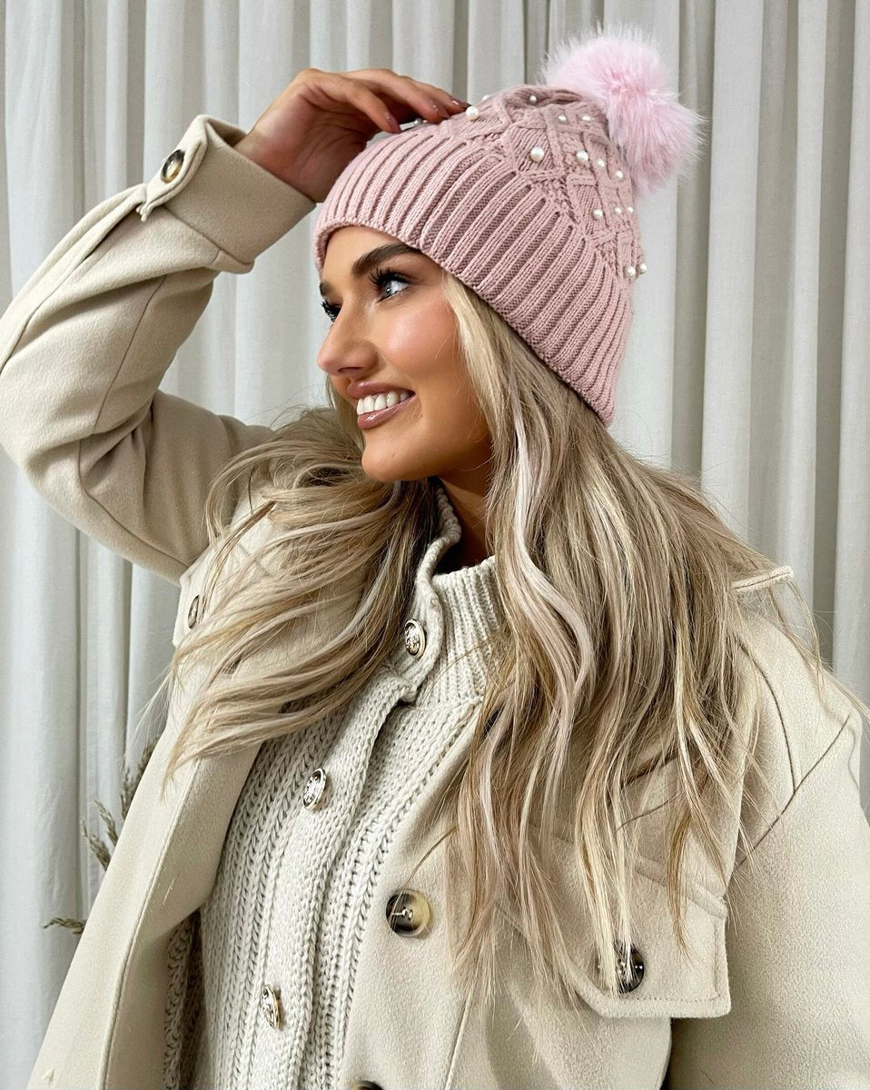 Pom Pom Knitted Winter Hat With Pearl Decor - Black River UK