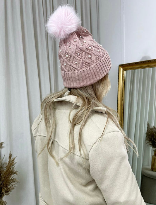 Pom Pom Knitted Winter Hat With Pearl Decor - Black River UK