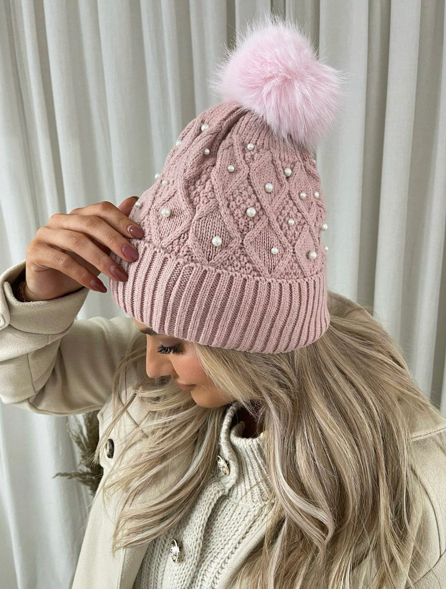 Pom Pom Knitted Winter Hat With Pearl Decor - Black River UK